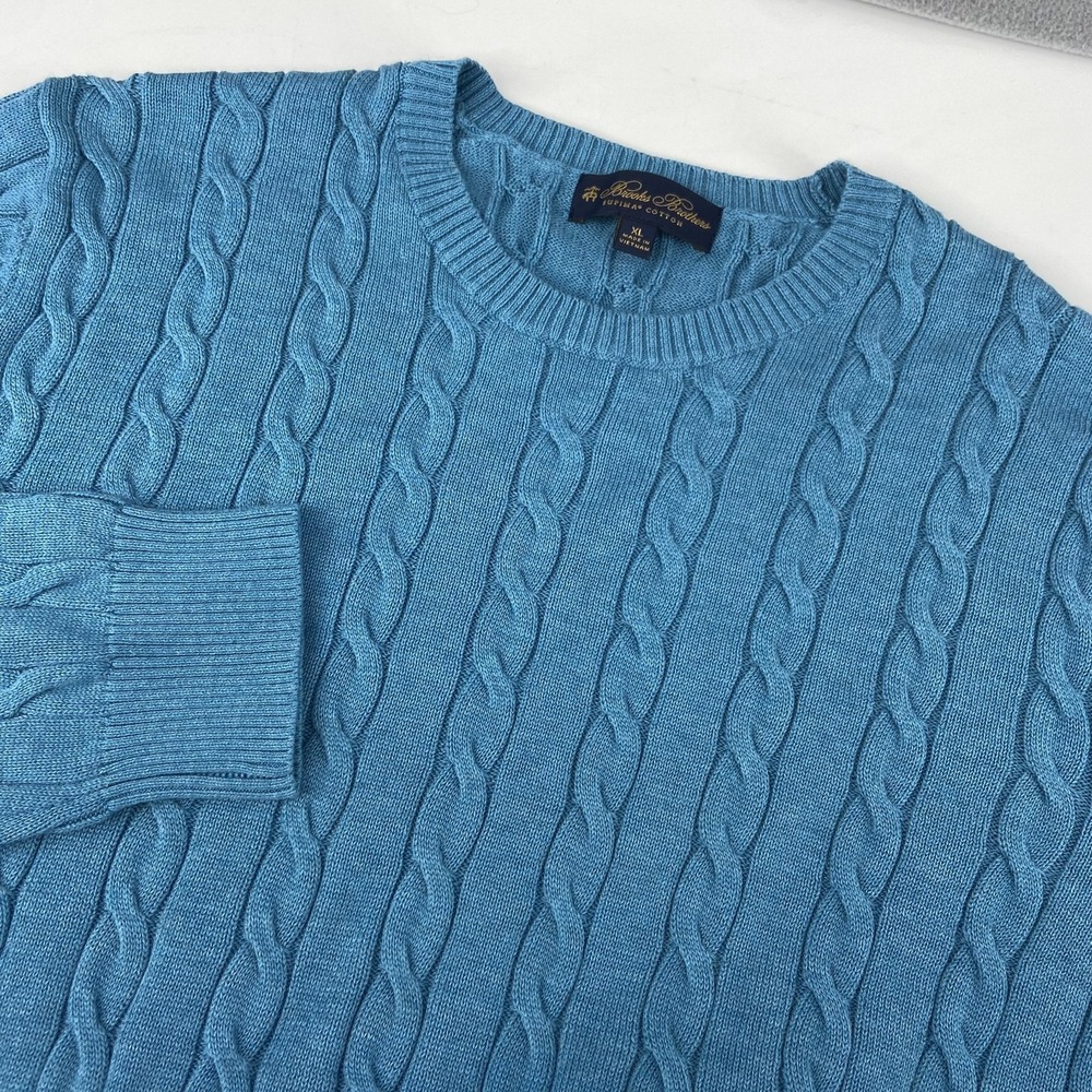 Brooks Brothers Sweater Mens XL Blue Supima Cotton Cable Knit Crewneck Pullover‎